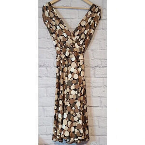 Roulette Dress Women's Size Large A-Line V-Neck Plunge Circles Beige White Mocha